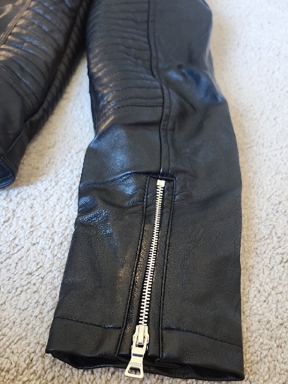 Guess Black Faux Leather Hooded Jacket with Quilted Panels - Picture 10 of 13